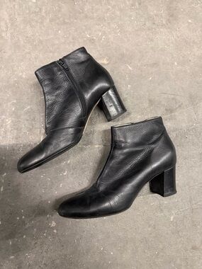 Women's Black Leather Ankle Booties with Block Heel
